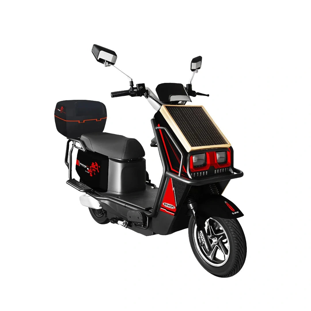 Black electric scooter with solar panel on a white background