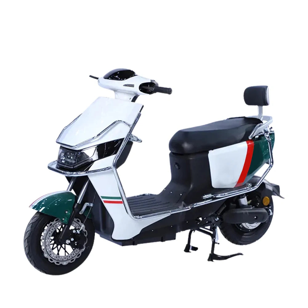 White scooter with black seat and Italian flag design on a white background