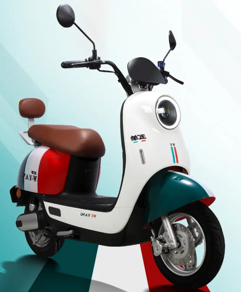 White scooter with brown seat and colorful design on a light blue background