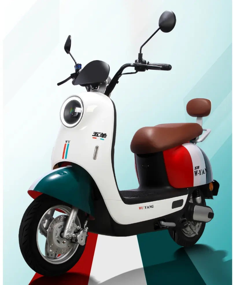 Colorful electric scooter with a brown seat on a gradient background