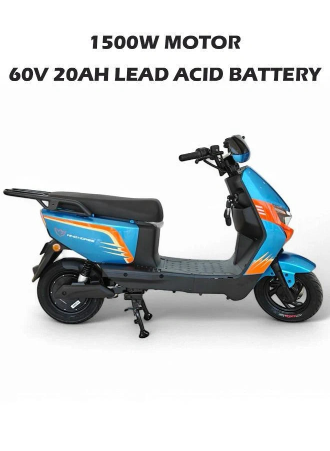 Blue and orange electric scooter with technical specifications on a white background