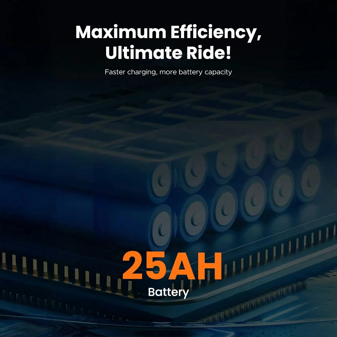 Stack of batteries with '25AH' label and promotional text on a dark background