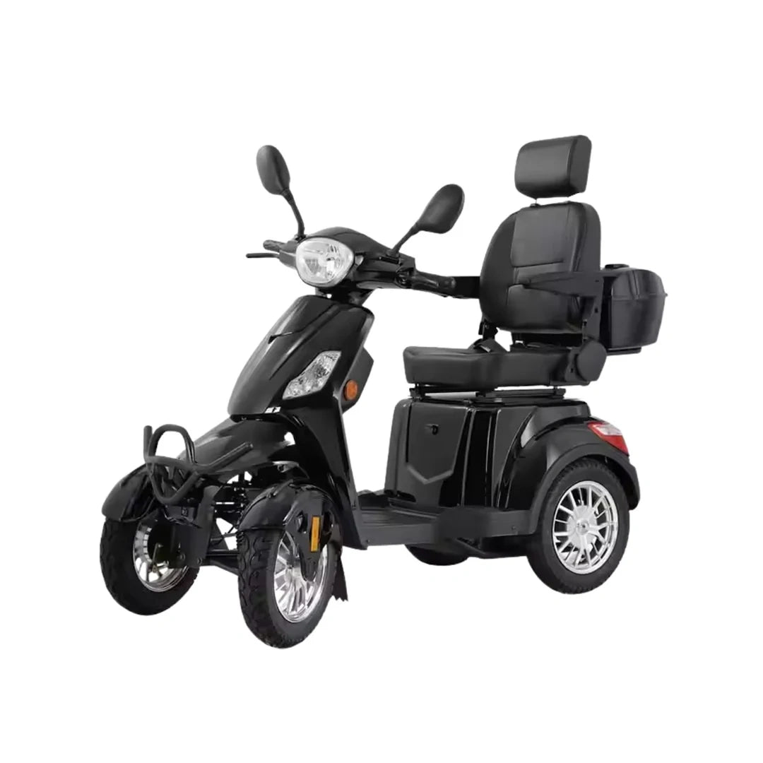 Black three-wheeled mobility scooter on a white background