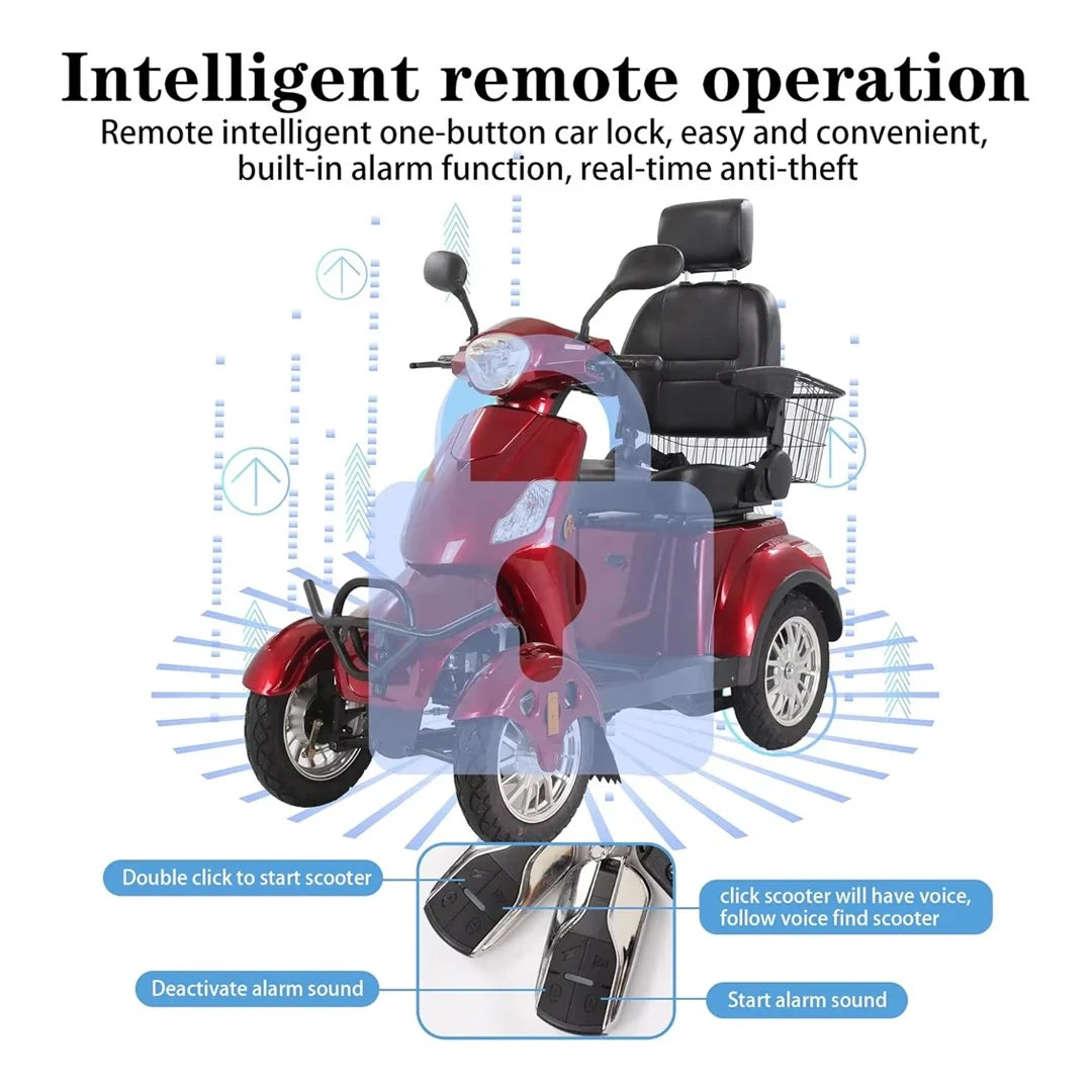 Red mobility scooter with intelligent remote operation features on a white background