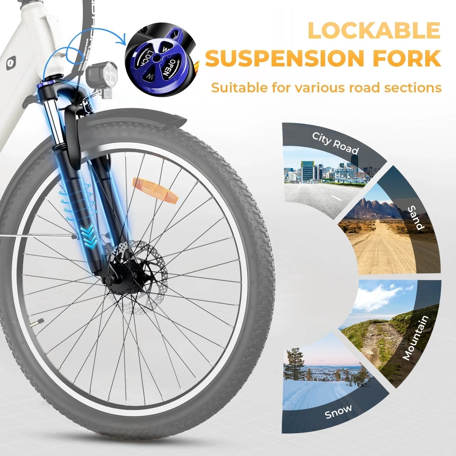 Bicycle wheel with lockable suspension fork on a white background