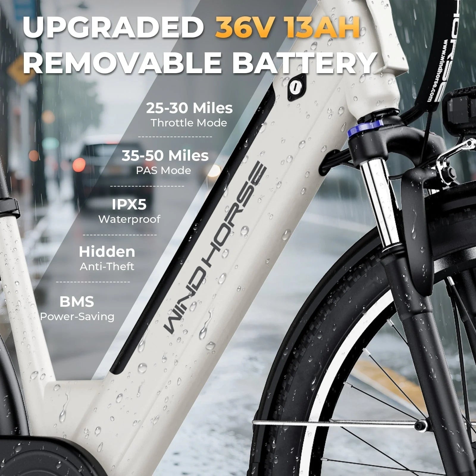 Electric bike with text highlighting features like 'Upgraded 36V 13Ah Removable Battery' on a blurred city street background.