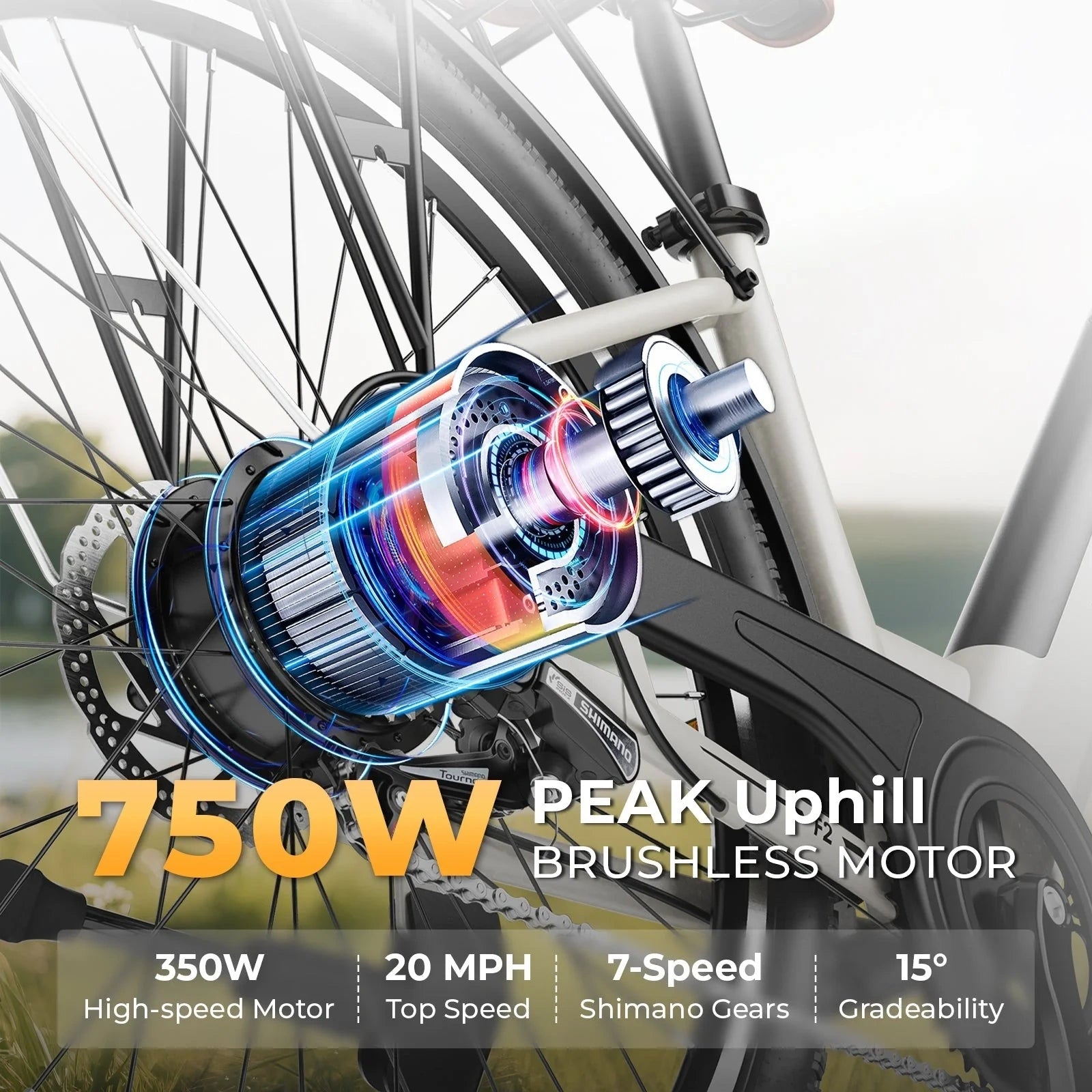 Electric bike with a 750W peak uphill brushless motor and technical specifications displayed.