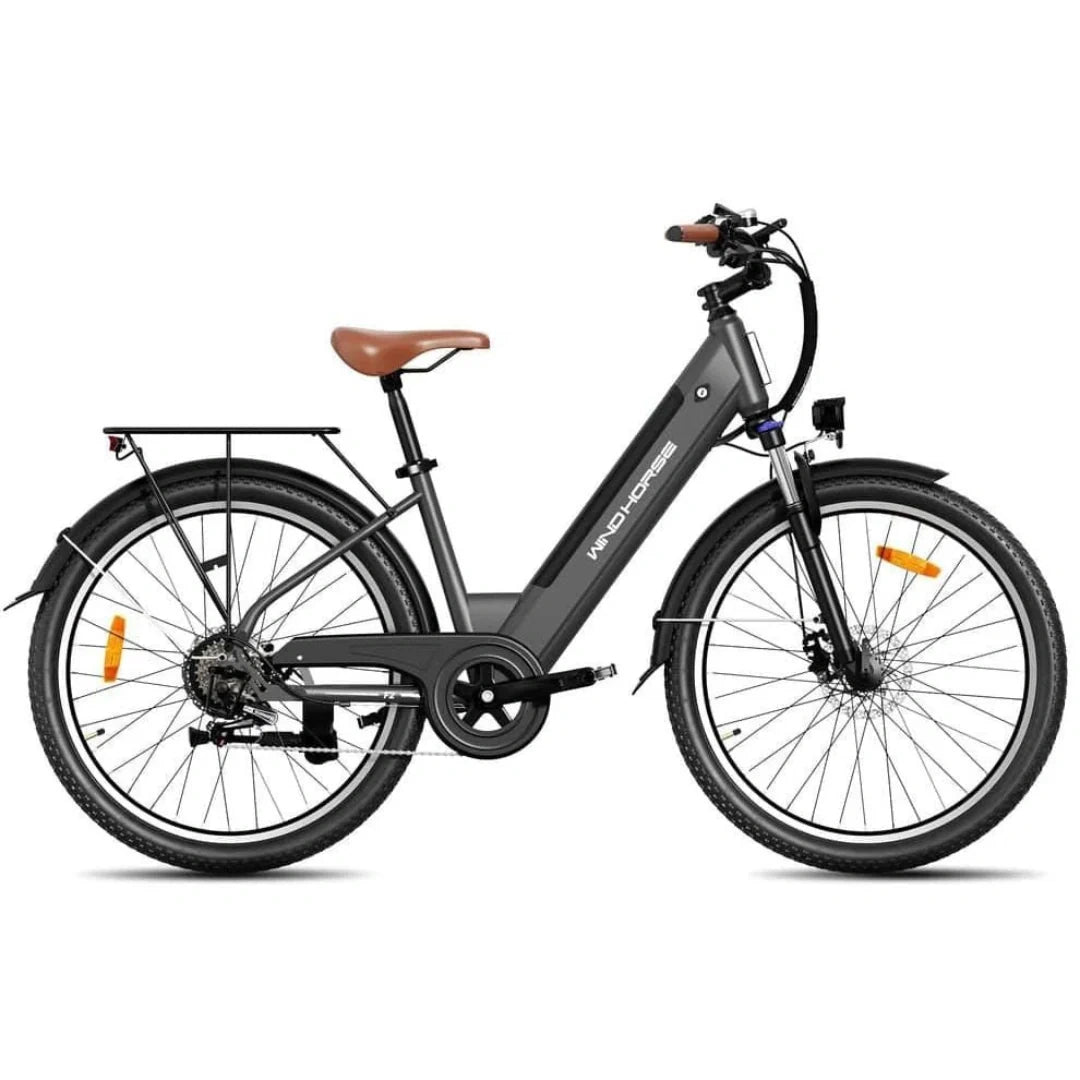 Electric bicycle with a brown seat on a white background