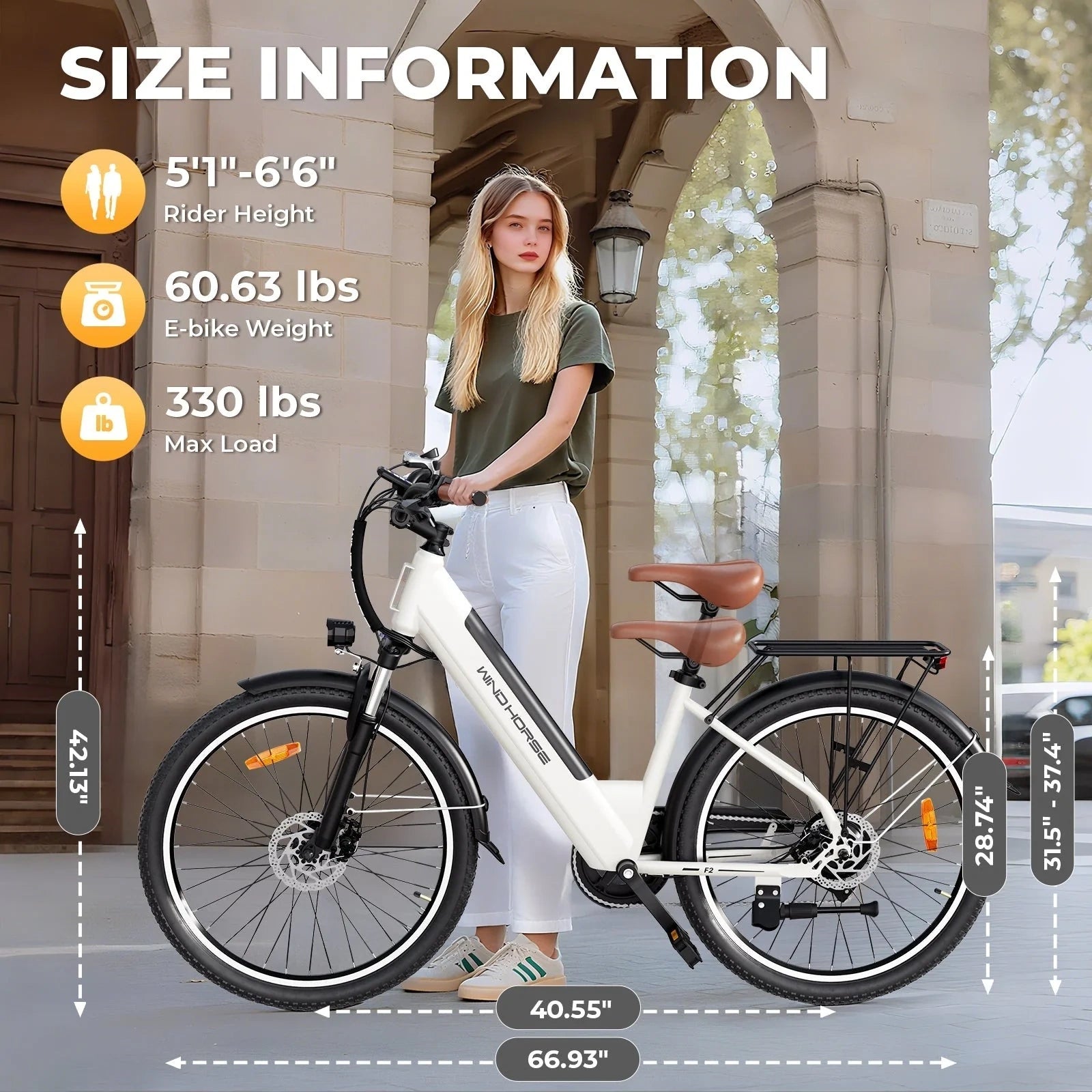 Woman standing next to an electric bike with size information displayed.