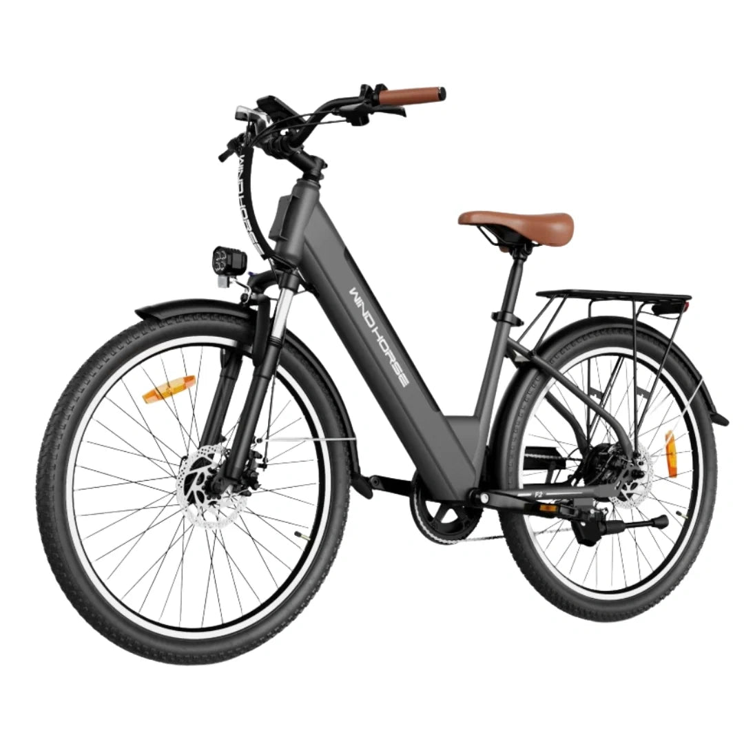 Electric bicycle with a brown seat on a white background
