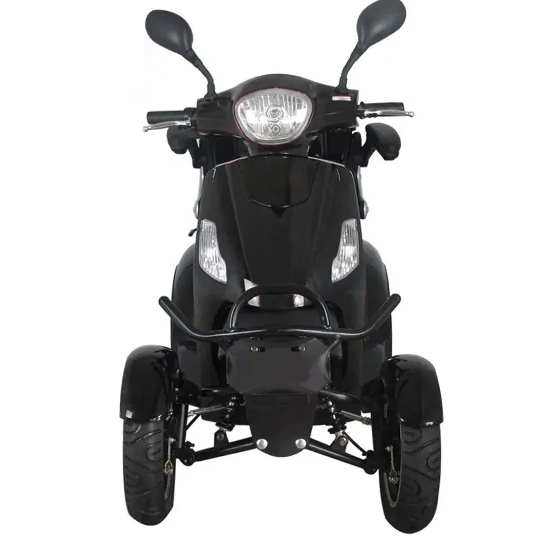 Black three-wheeled motorcycle on a white background