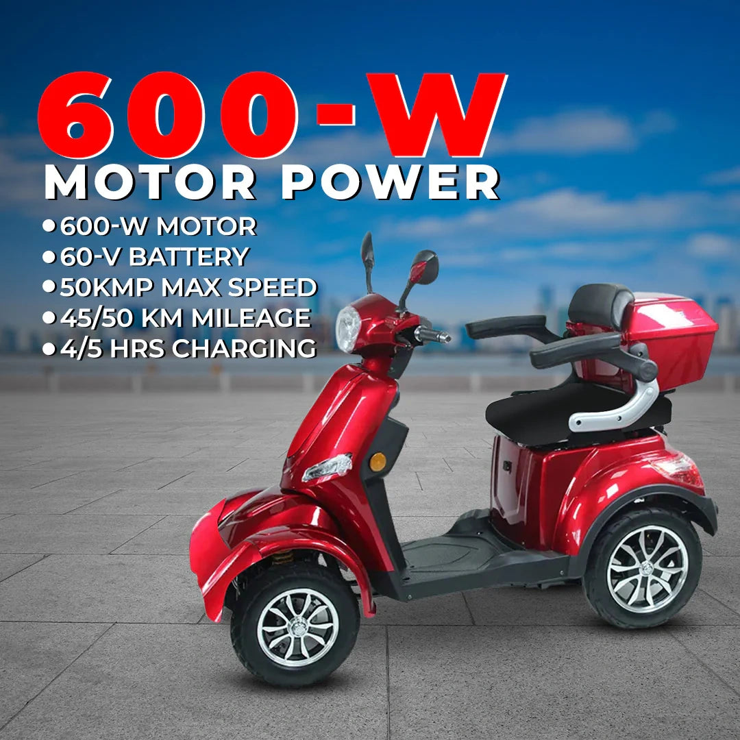 Red electric scooter with specifications on a cityscape background