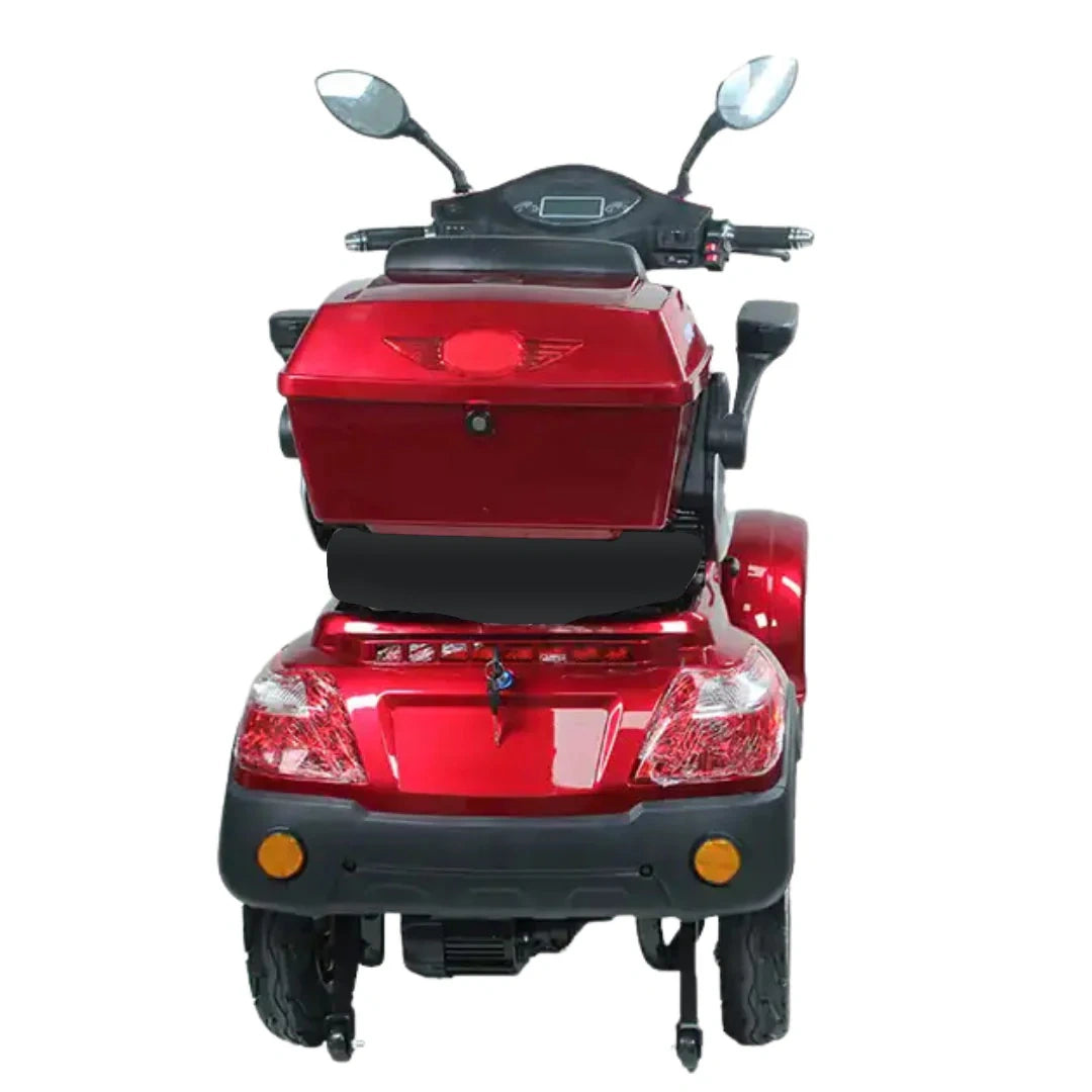 Red mobility scooter on a white background