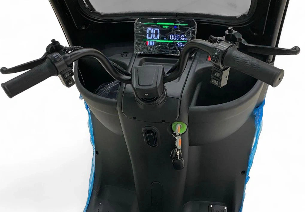 Close-up of a motorcycle's handlebar with a digital display on a white background