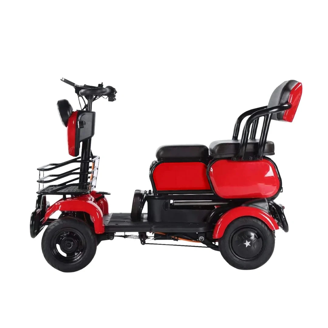 Red and black mobility scooter on a white background