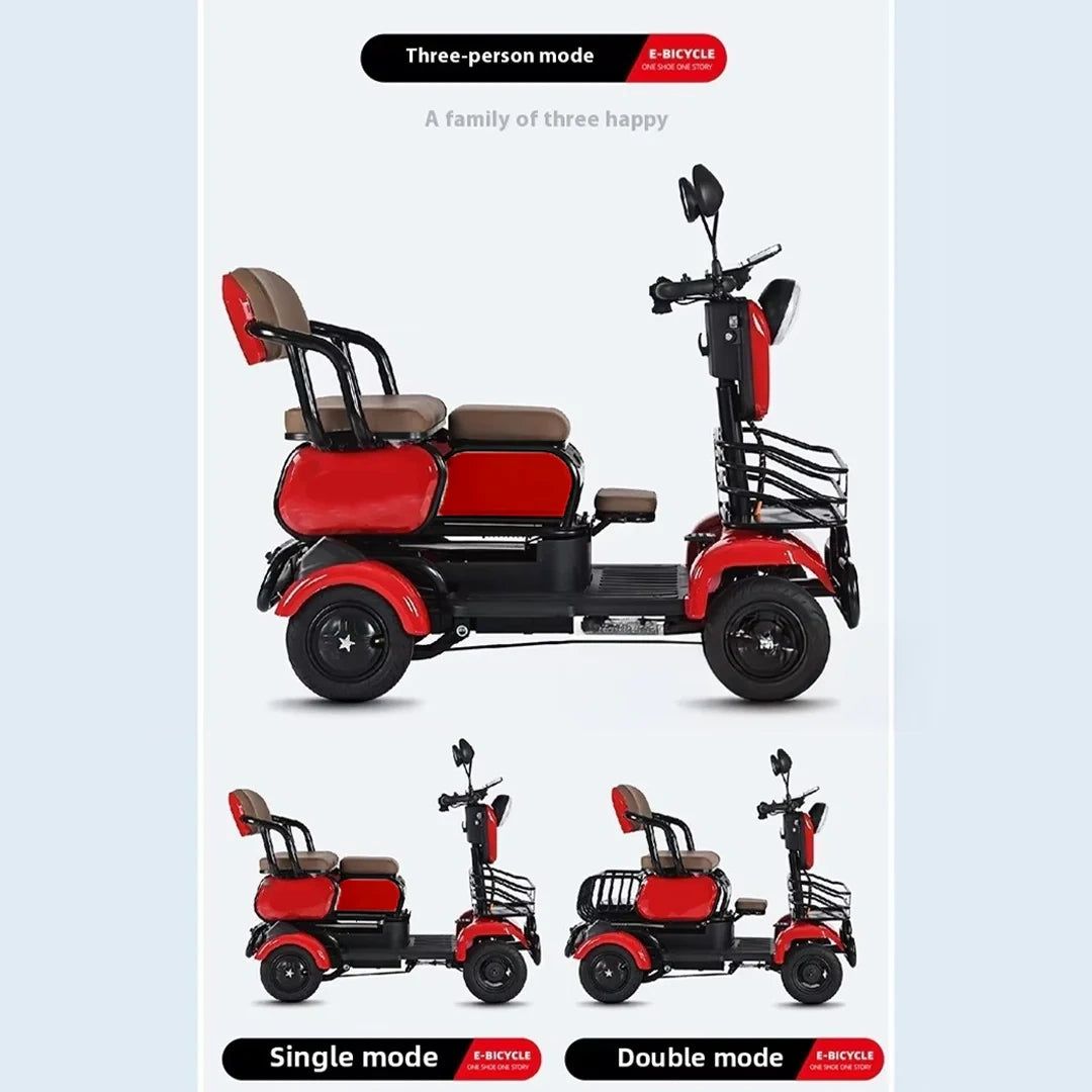 Red and black three-wheeled electric scooter with multiple modes of operation on a light blue background.
