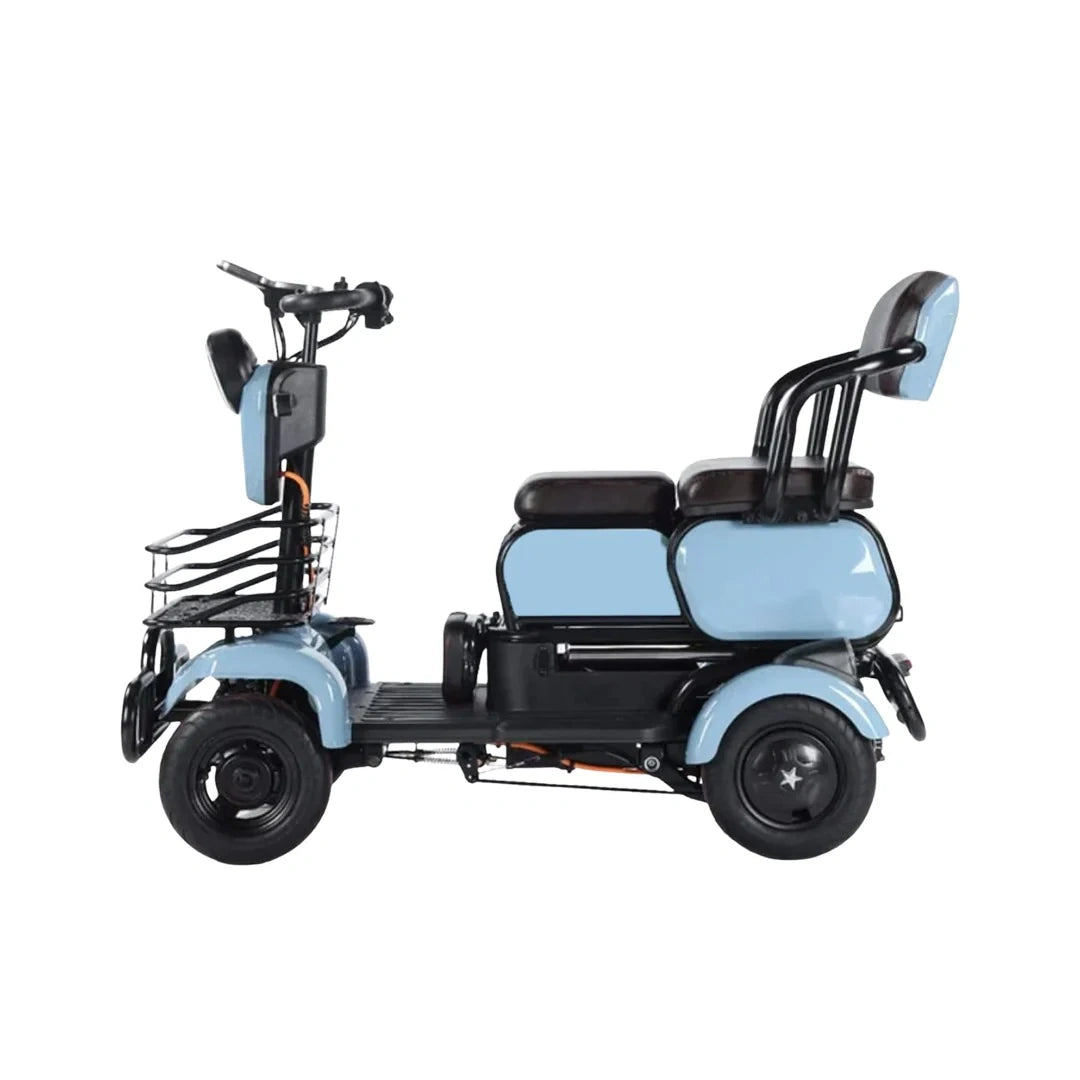 Blue and black mobility scooter on a white background