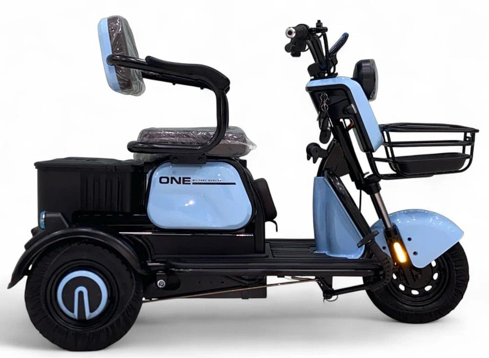 Blue and black electric tricycle on a white background