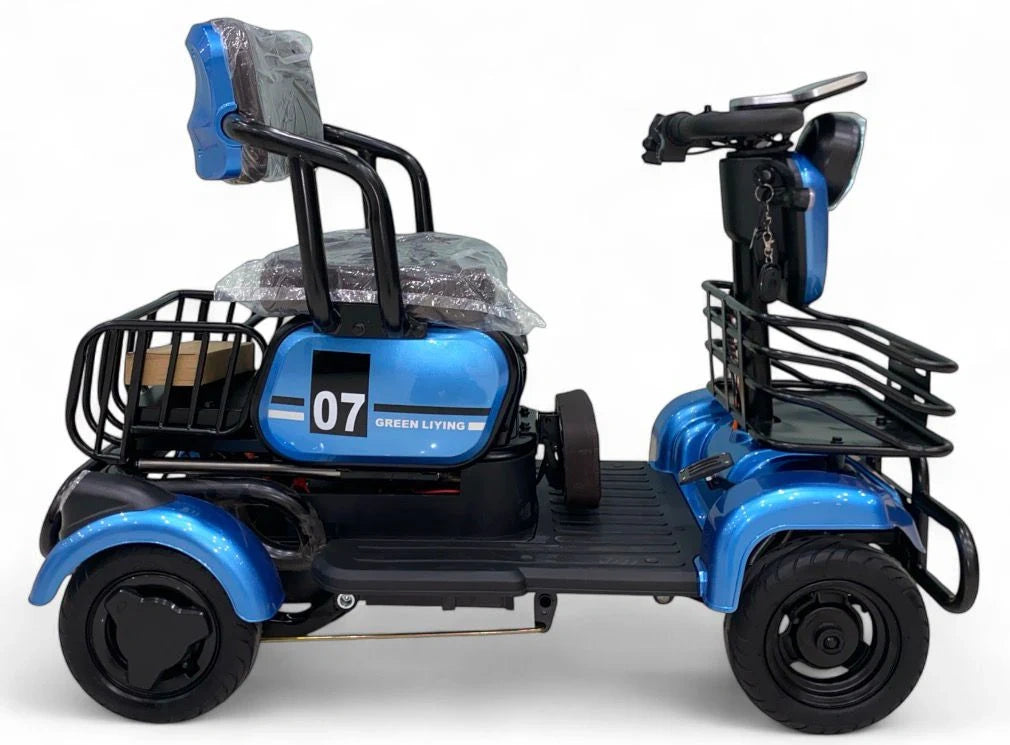 Blue and black mobility scooter with 'Green Leisure' branding on a white background