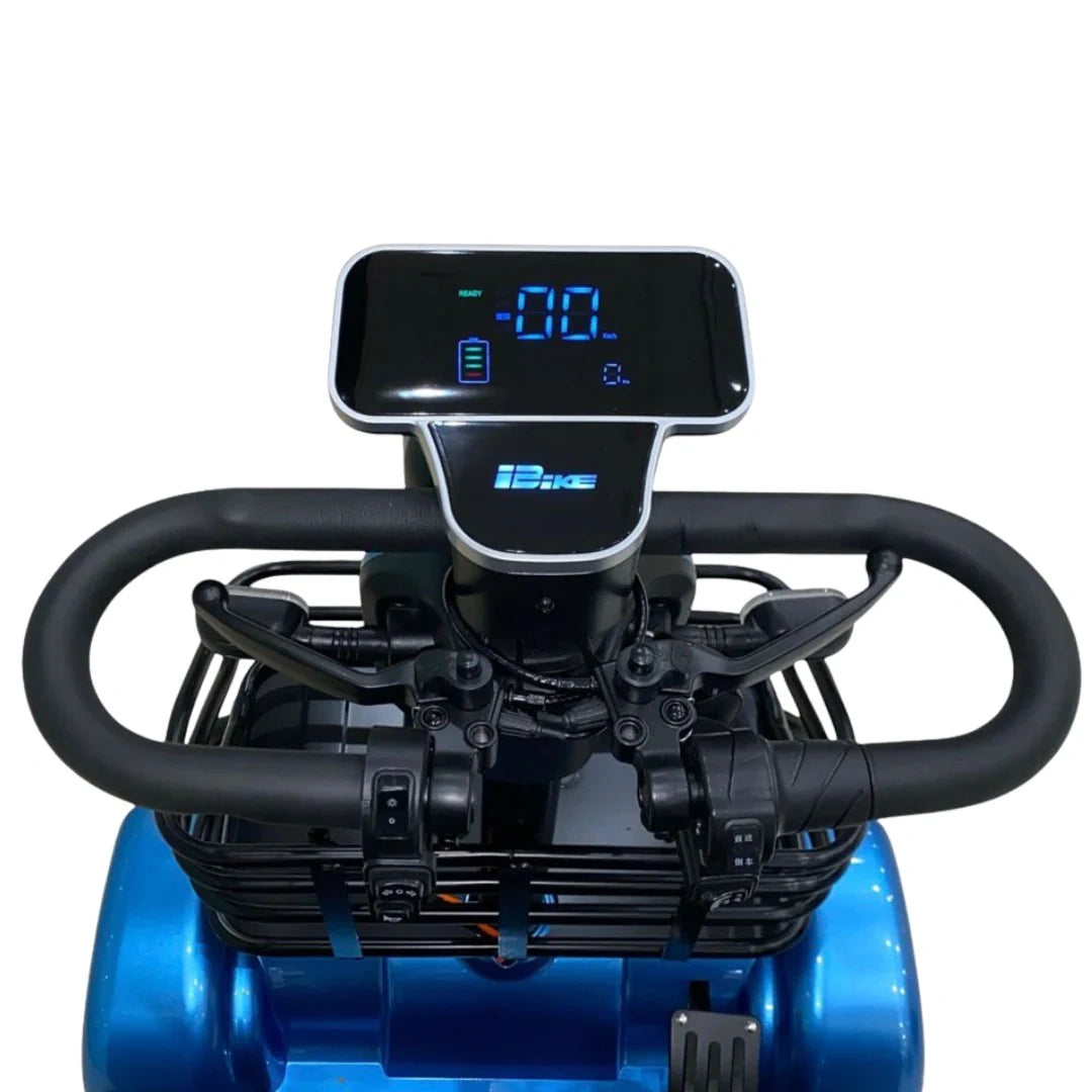 Blue air compressor with digital display on a white background