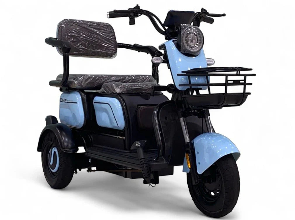 Blue and black electric tricycle with a basket on a white background