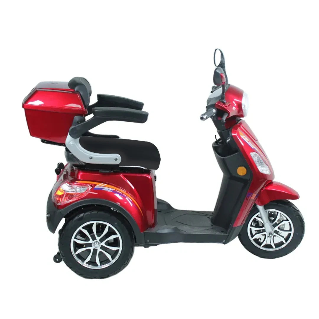 Red mobility scooter on a white background