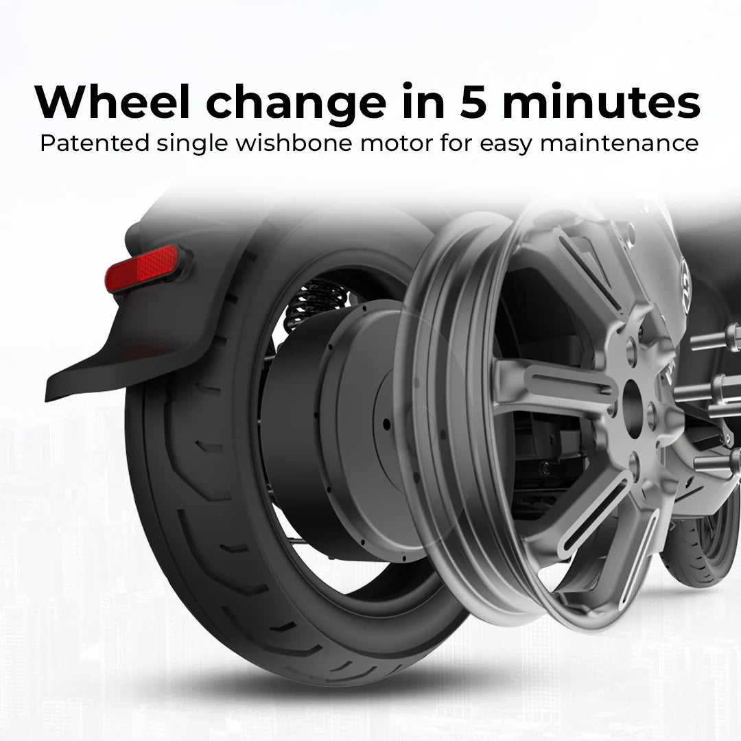 Motorcycle wheel with text about quick wheel change and patented single wishbone motor.