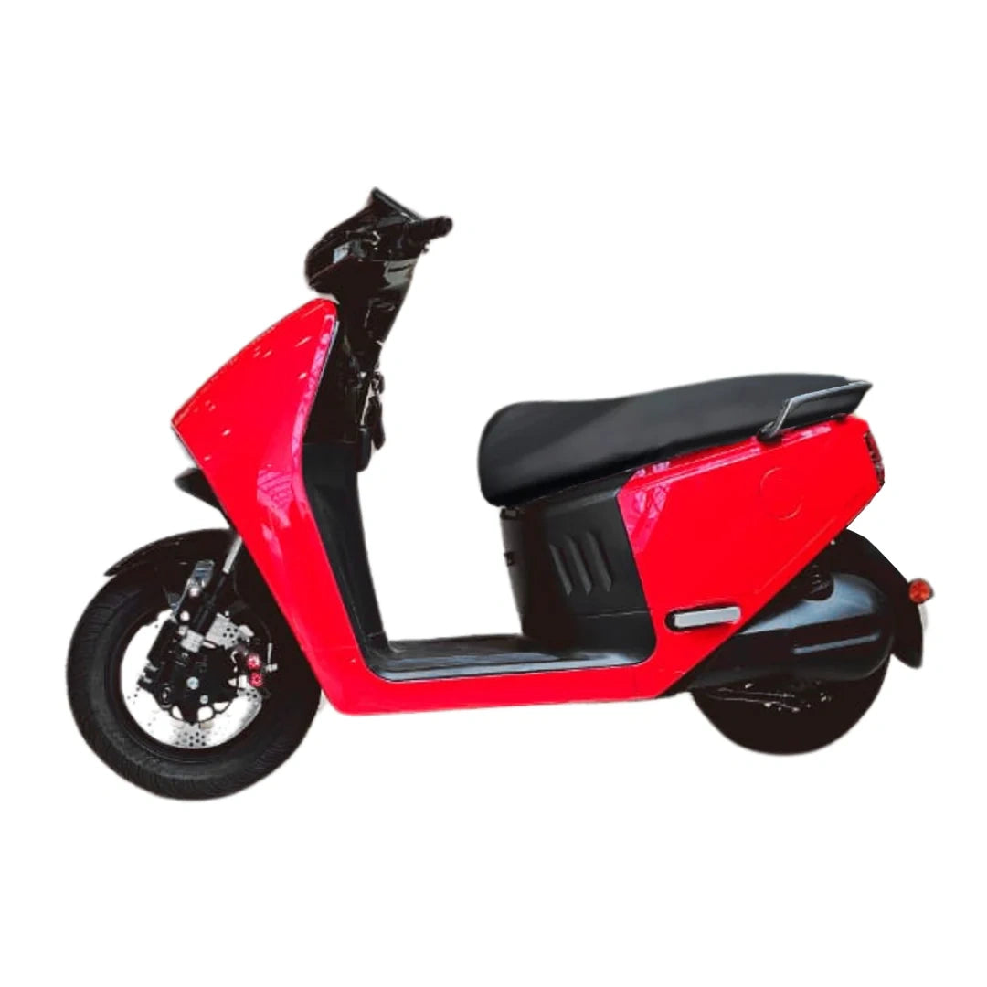 Red scooter with black seat on a white background