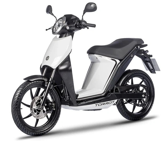 White electric scooter with black accents on a white background