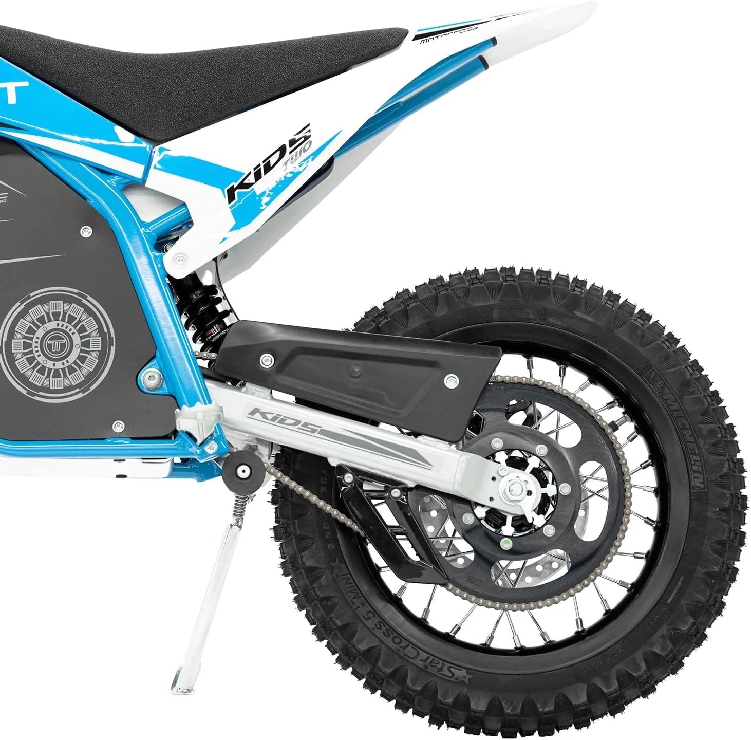 Close-up of a blue and white dirt bike with visible branding on a white background