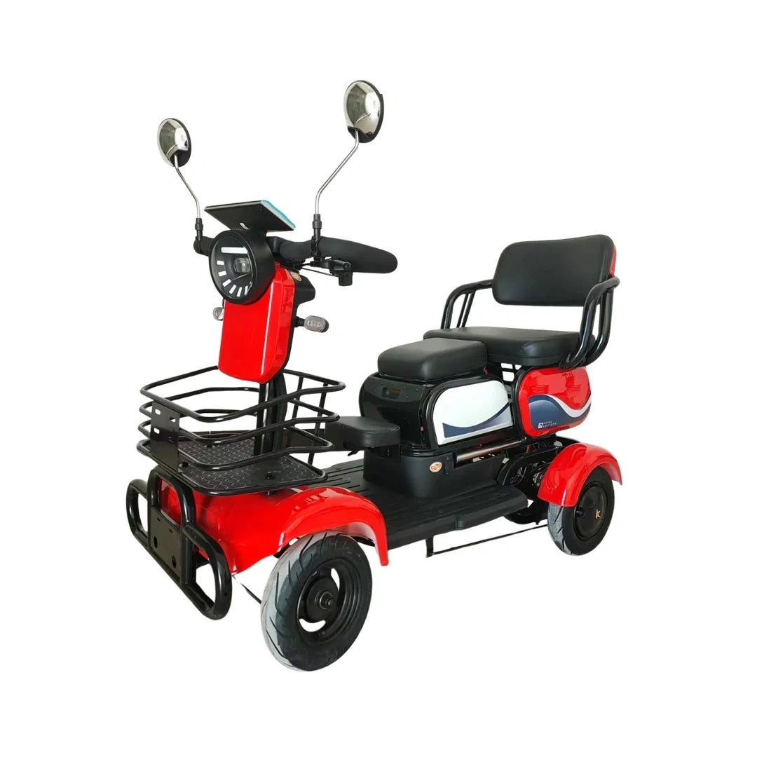 Red and black mobility scooter with a basket on a white background