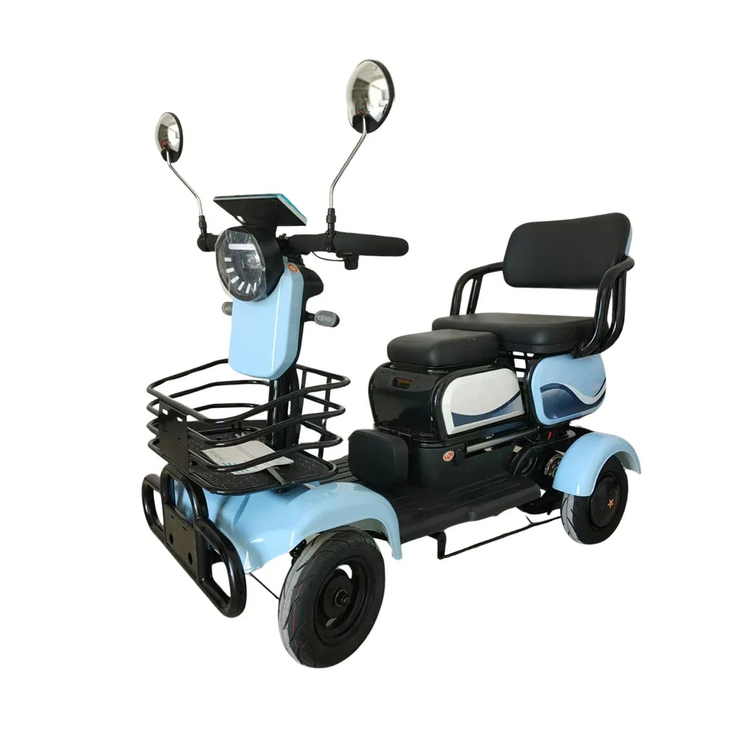 Blue and black mobility scooter with a seat on a white background