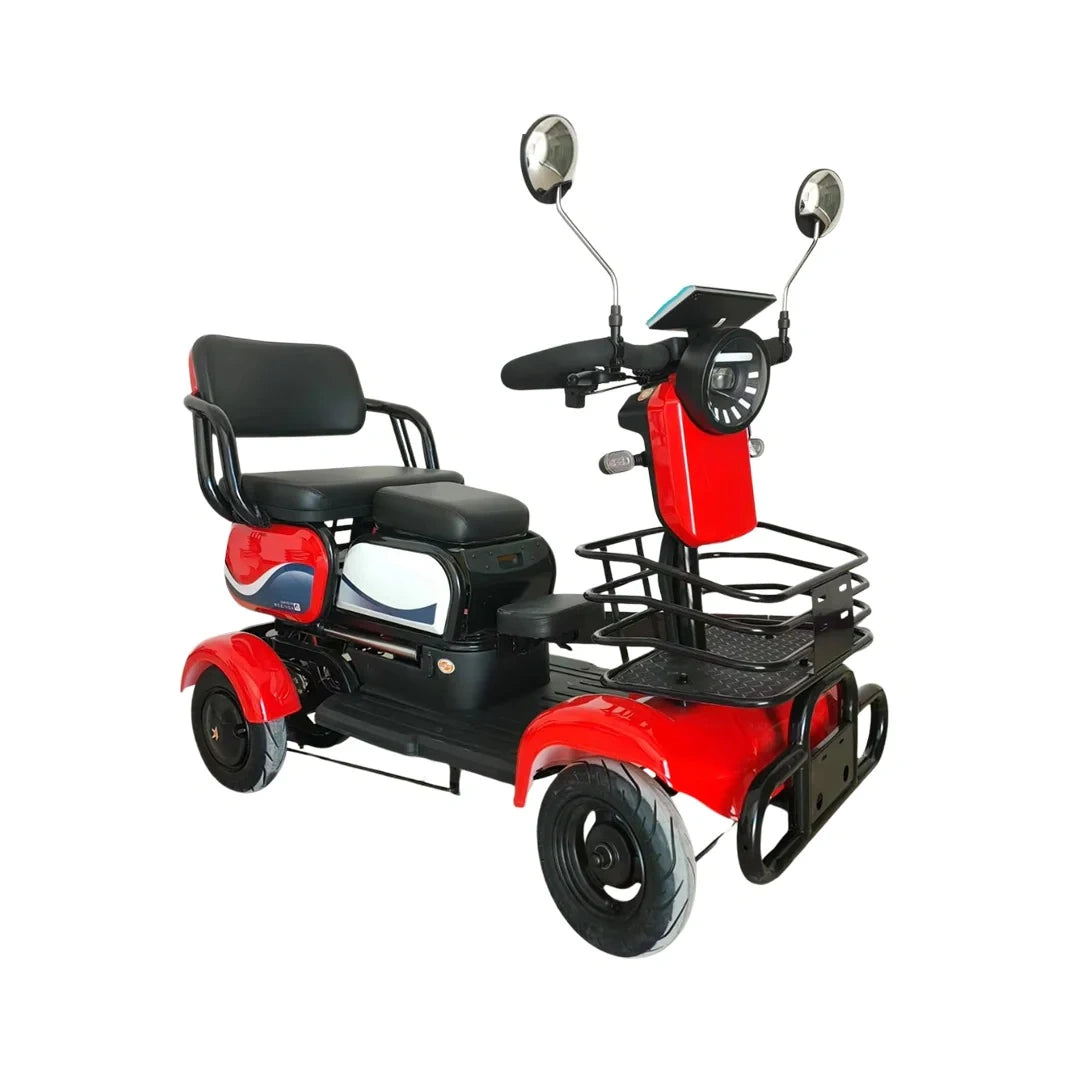 Red and black mobility scooter with a basket on a white background