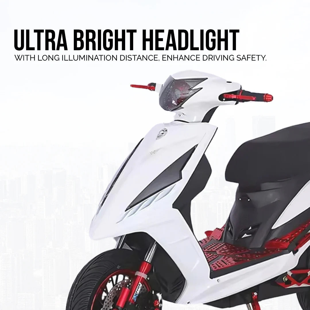 White scooter with red accents on a white background, highlighting ultra bright headlights.