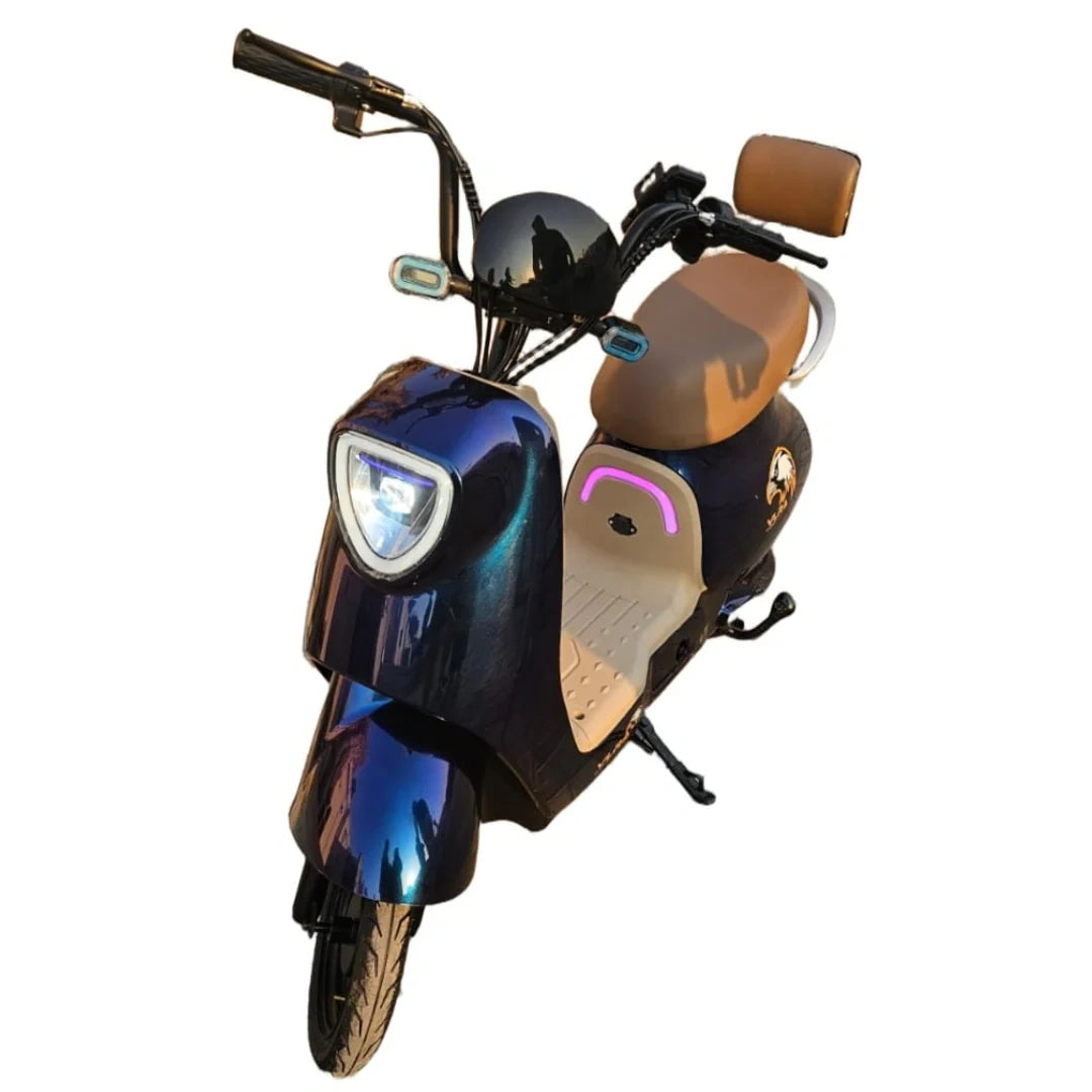 Two electric scooters, one blue and one black with pink accents, on a white background.