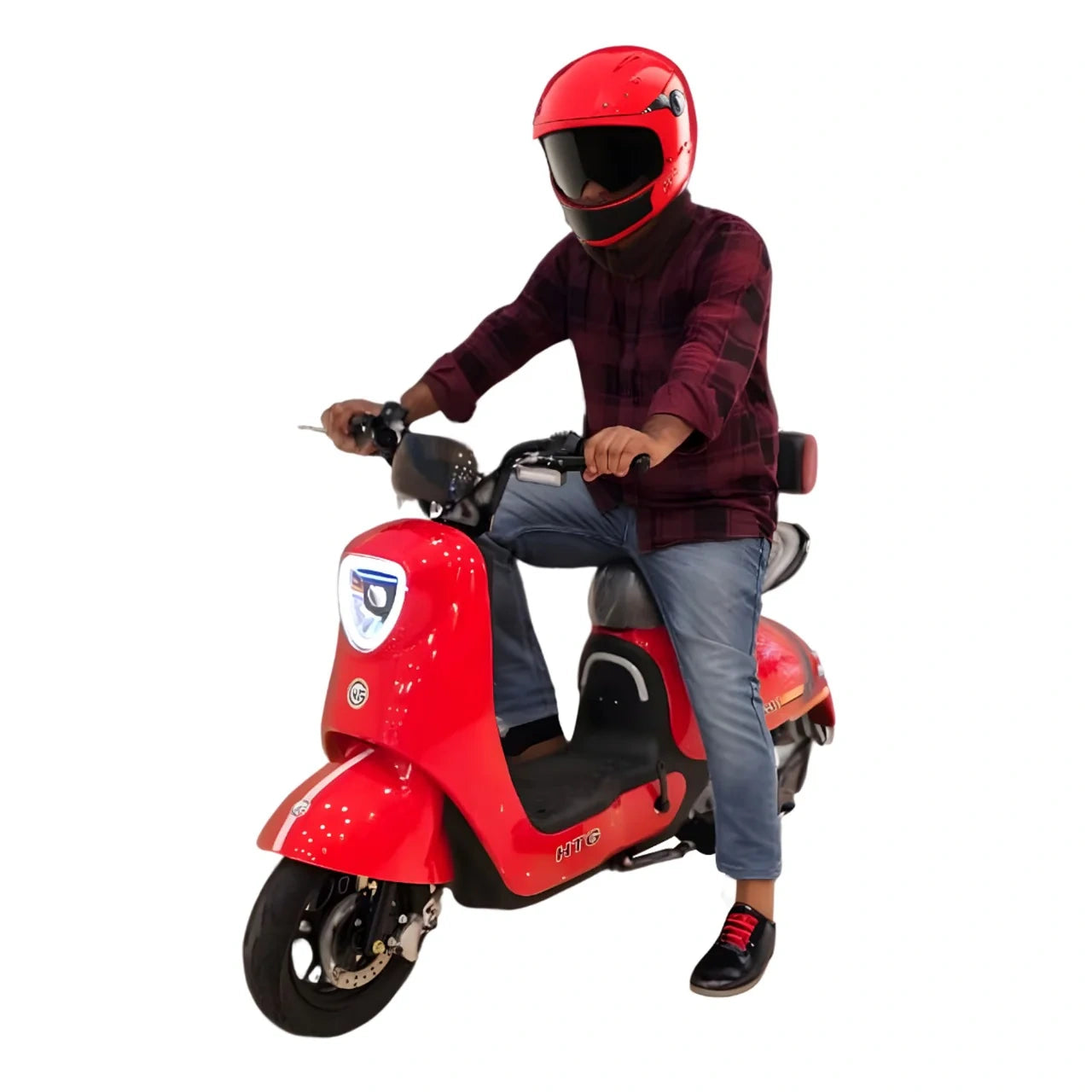 Person wearing a red helmet and dark clothing sitting on a red scooter with a white background