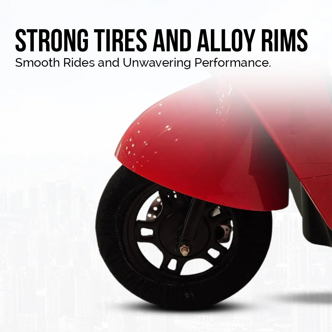 Red scooter with black tire and alloy rim on a white background, text 'Strong Tires and Alloy Rims' displayed.