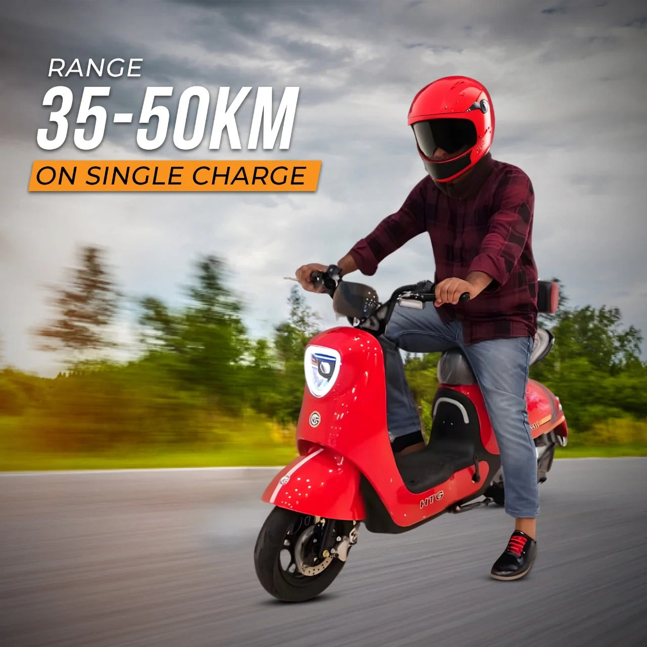 Person riding a red scooter with text about range on single charge