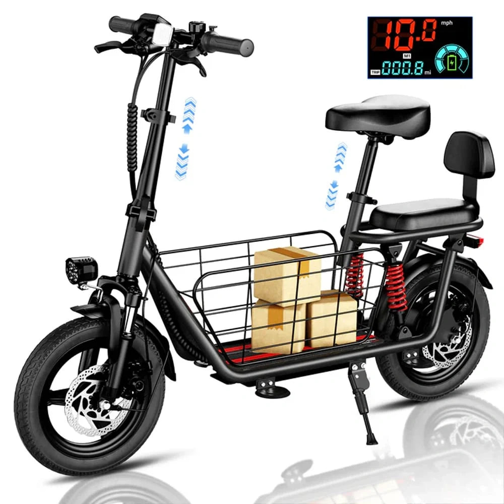 Black electric bike with a basket and digital display on a white background