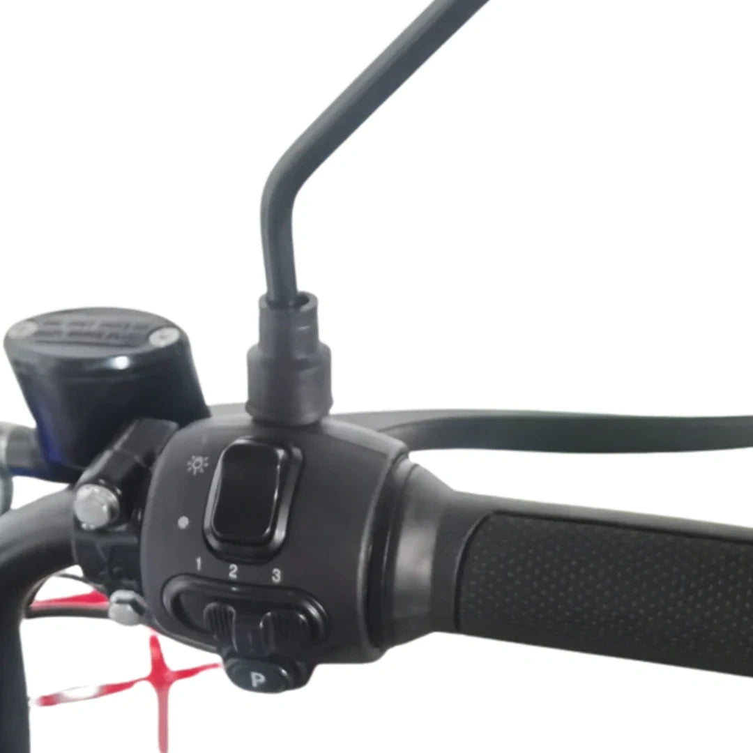 Close-up of a motorcycle handlebar with controls on a white background