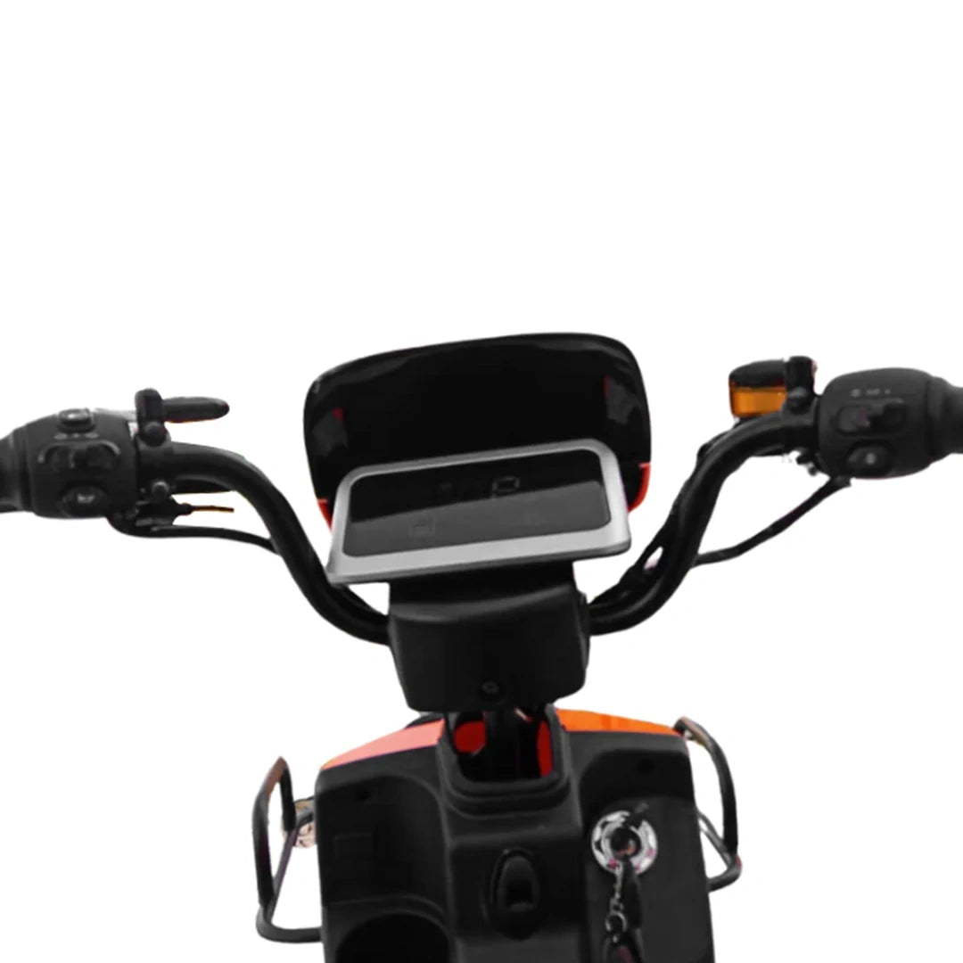 Close-up of a motorcycle handlebar with a smartphone mount on a white background