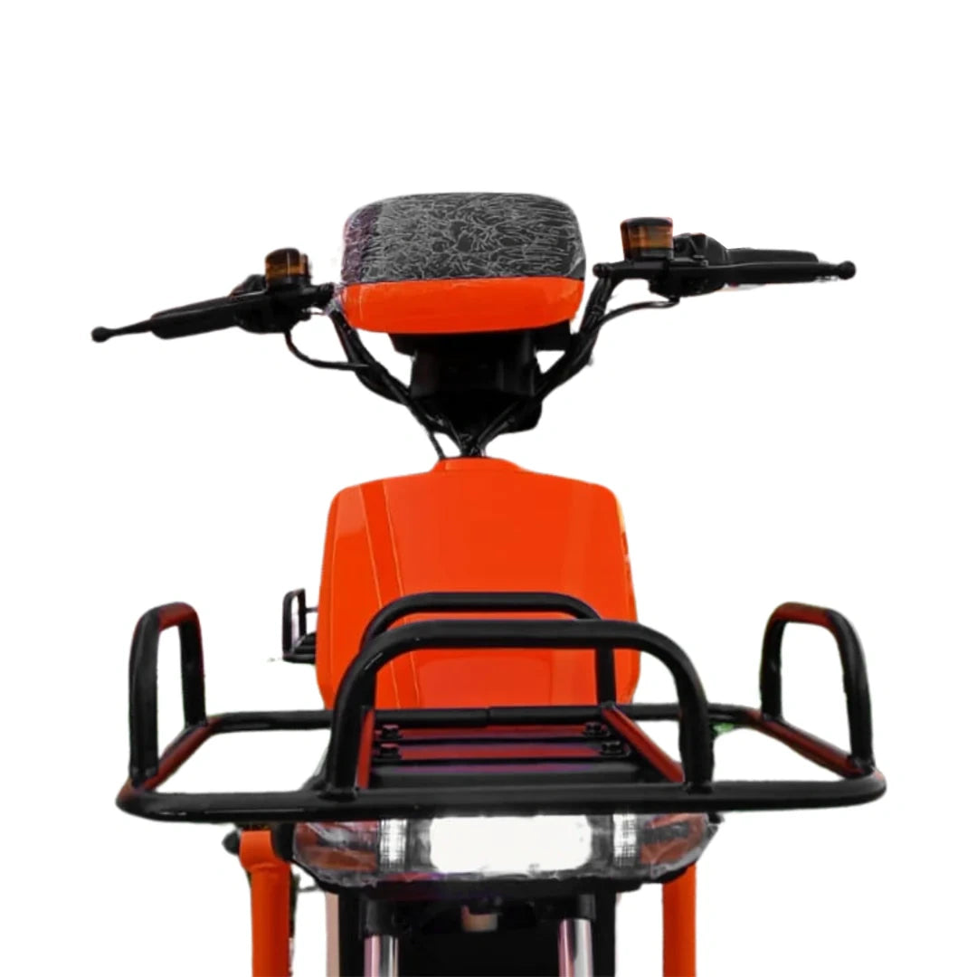 Orange electric scooter with black seat and handlebar on a white background