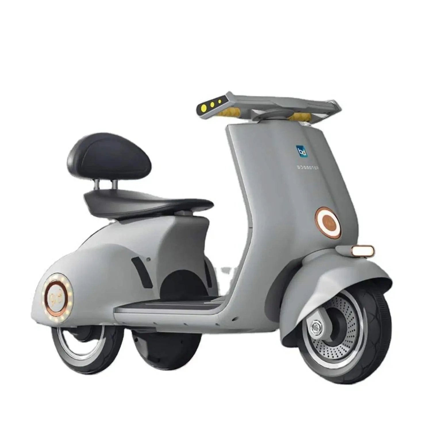 Gray electric scooter with a seat on a white background