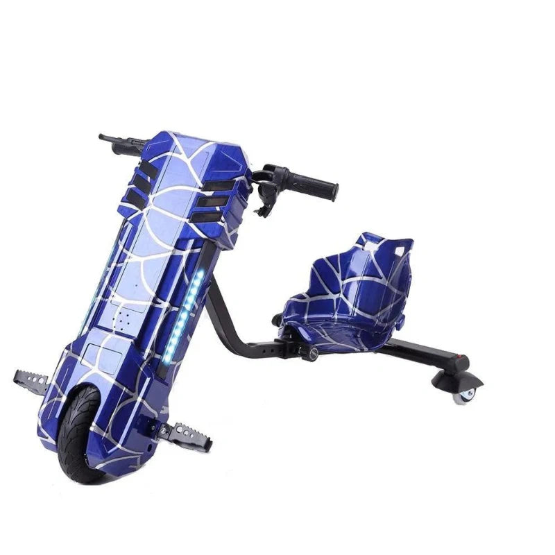 Blue and purple scooter with a geometric pattern on a white background