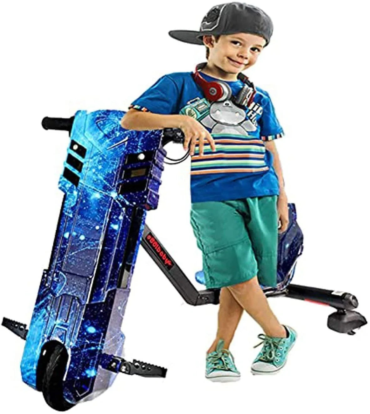 Child holding a blue scooter with LED lights on a white background