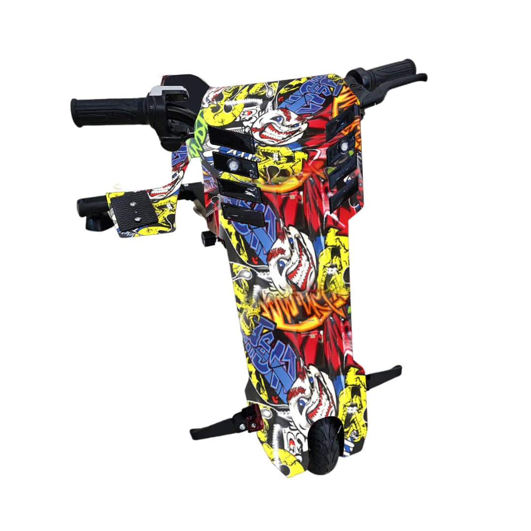 Colorful scooter with a cartoon character design on a white background