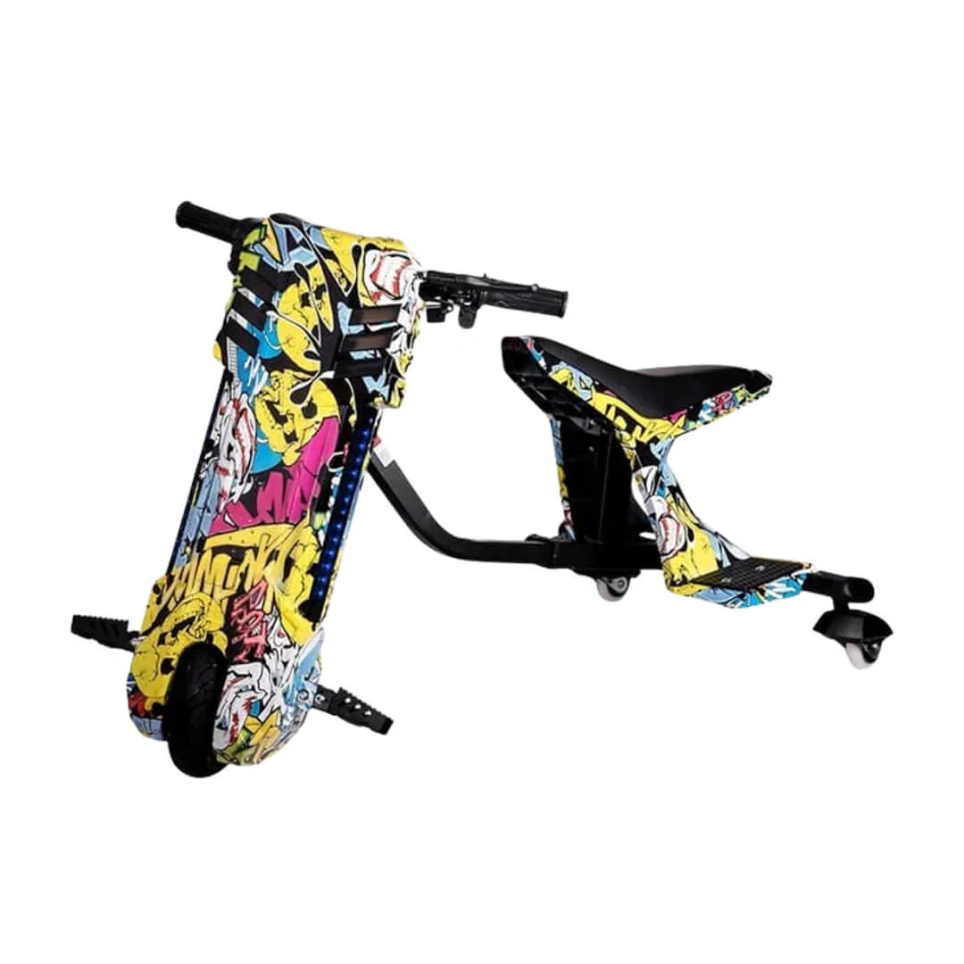 Colorful scooter with graffiti design on a white background
