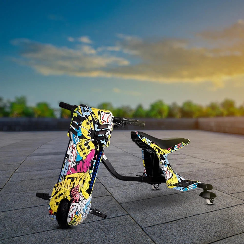Colorful scooter on a paved surface with a scenic background