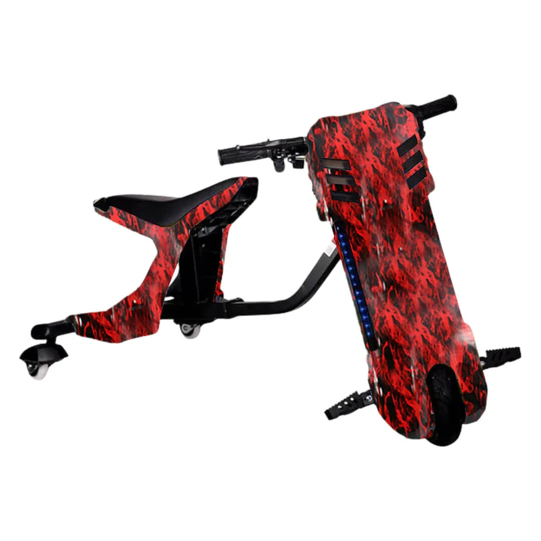 Red and black scooter with flame pattern on a white background