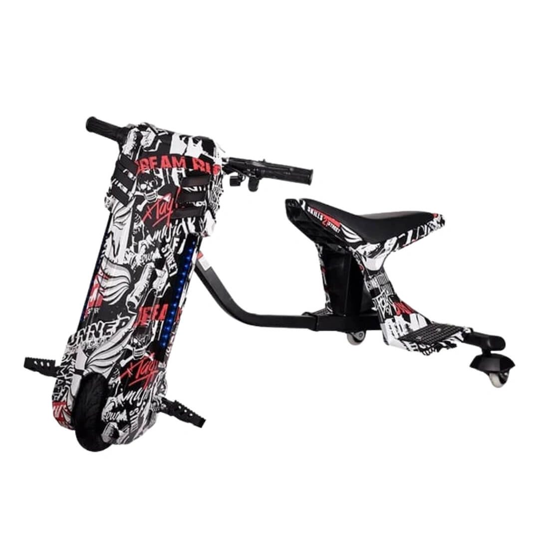 Children's scooter with a black and white design on a white background